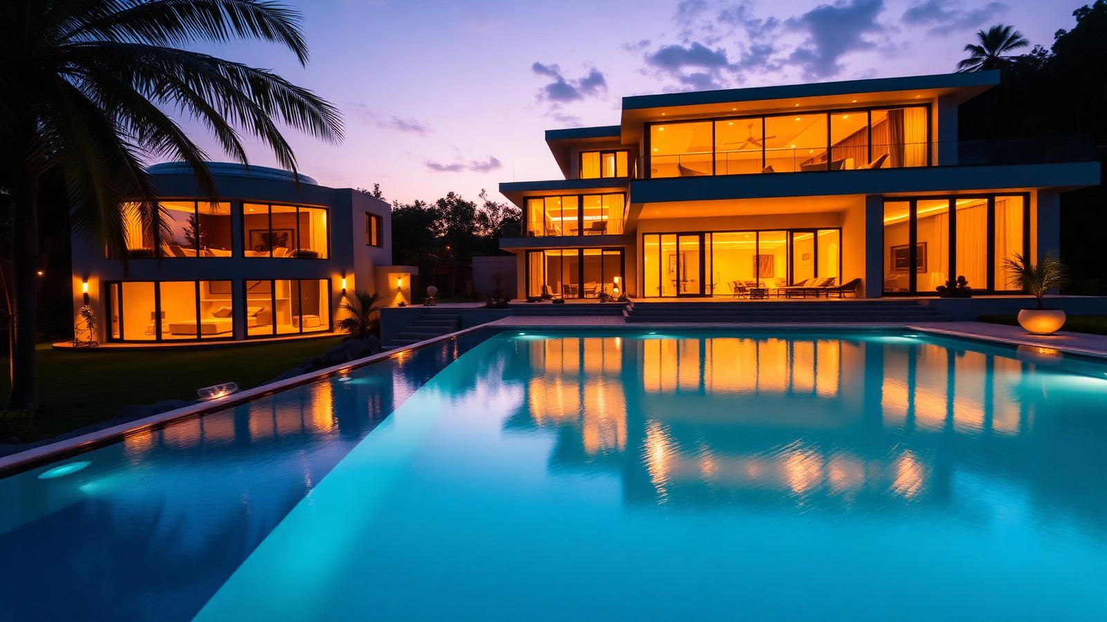 Luxury villa exterior at dusk with warm glowing windows and infinity pool