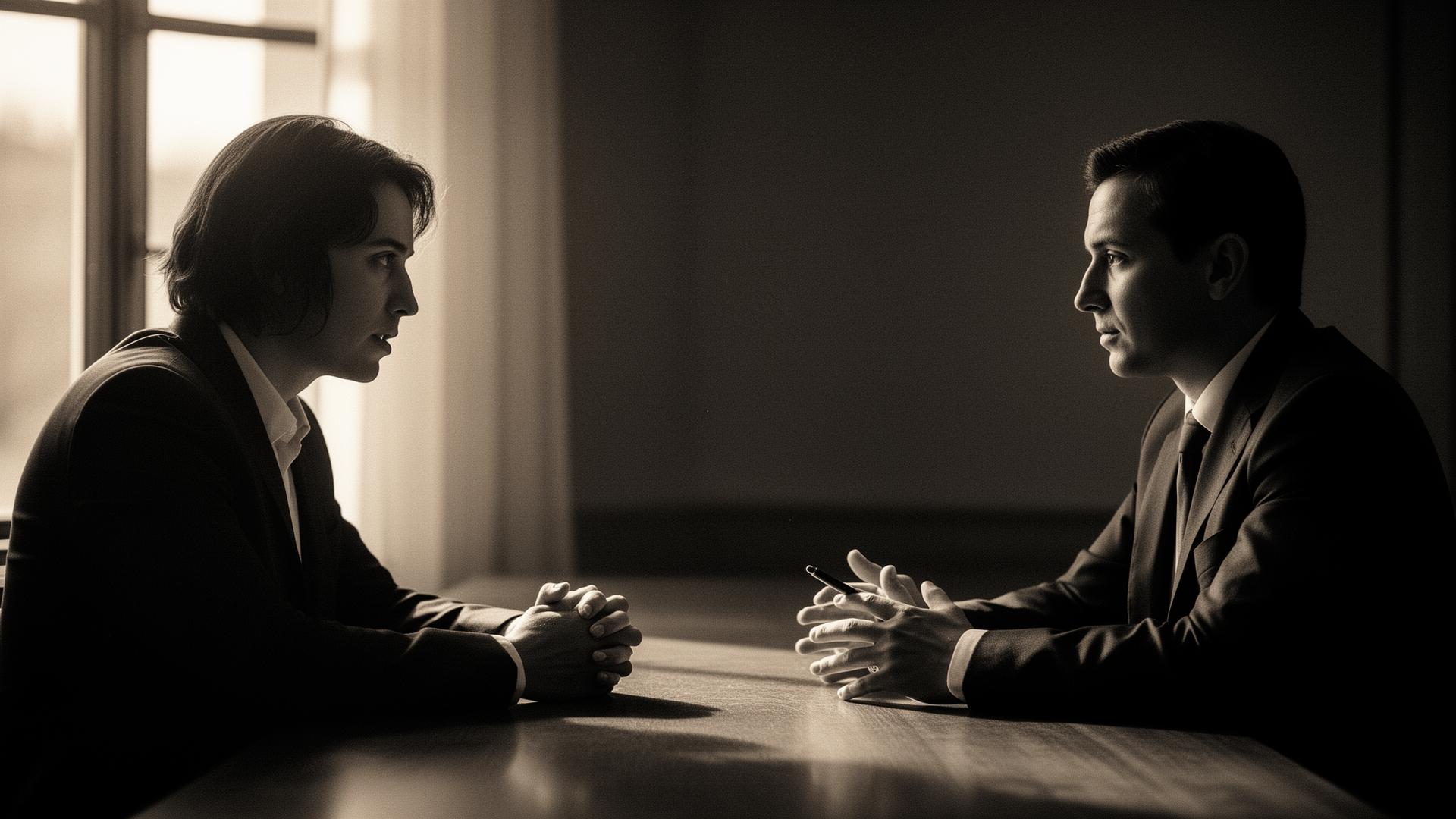 Two professionals in deep conversation at a window-lit table