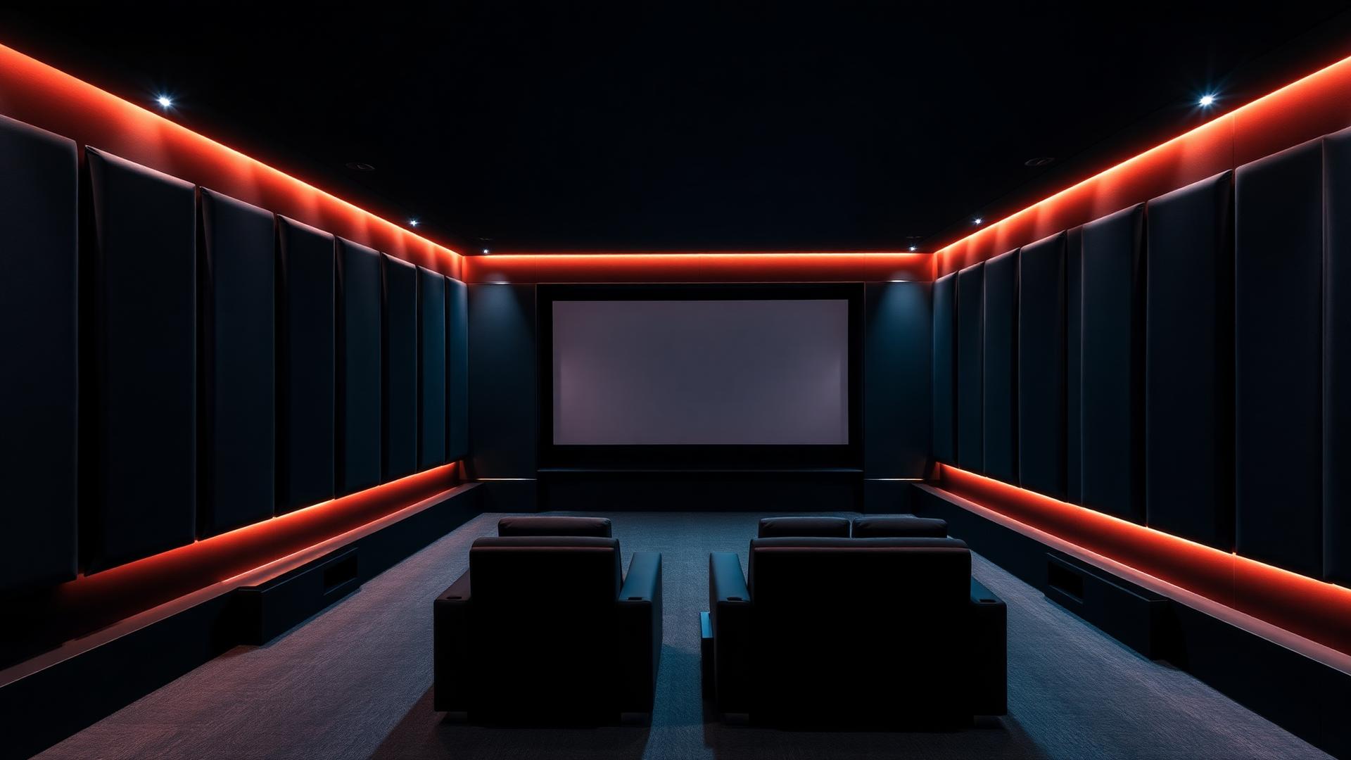 Private home theatre with acoustic walls and warm accent lighting