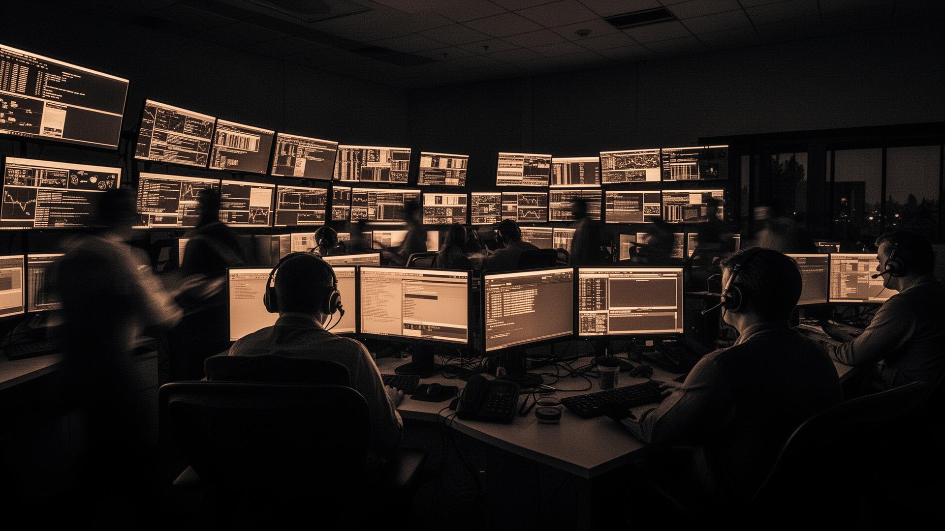 Operations control room at night, in motion