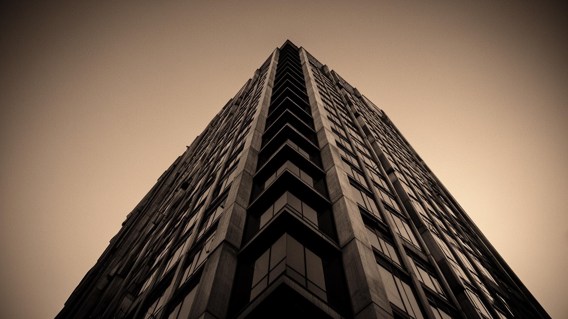Architectural tower rising into a warm dusk sky