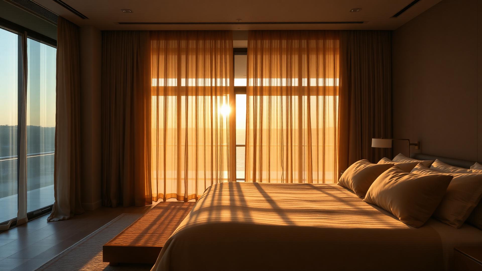 Luxury bedroom at dawn with motorized sheer curtains softly drawn